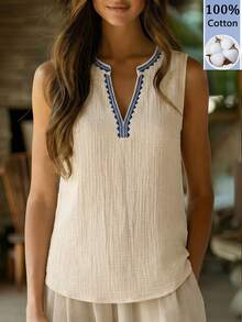 Balvessa Apricot Textured Cotton V-Neck Sleeveless Vacation Shirt For Women - Apricot - View 1
