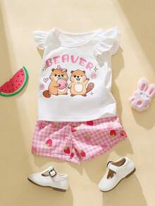 SHEIN Playful Pals 2件套女婴0-3岁春夏新款休闲可爱日常卡通猫吃西瓜短袖T恤+粉色爱心短裤套装 - 粉色 - 查看 5