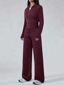 LYSMO Women's Burgundy Zip-Up Cardigan And Knit Pants Casual Sweater 2 Pieces Set, Sweater Set, Autumn/Winter, Winter,Fall,Fall Clothes For Women - Burgundy - View 1