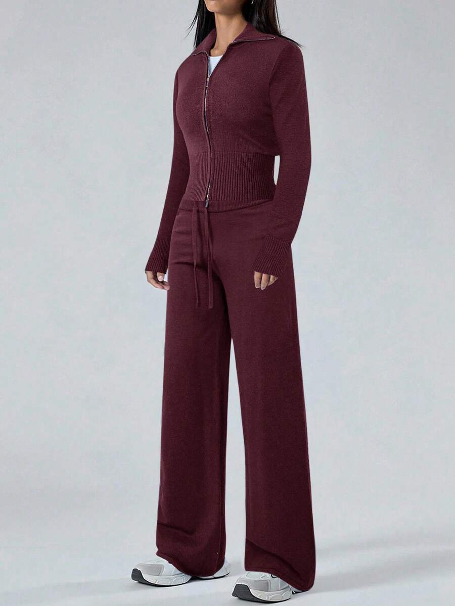 LYSMO Women's Burgundy Zip-Up Cardigan And Knit Pants Casual Sweater 2 Pieces Set, Sweater Set, Autumn/Winter, Winter,Fall,Fall Clothes For Women - Burgundy - View 1