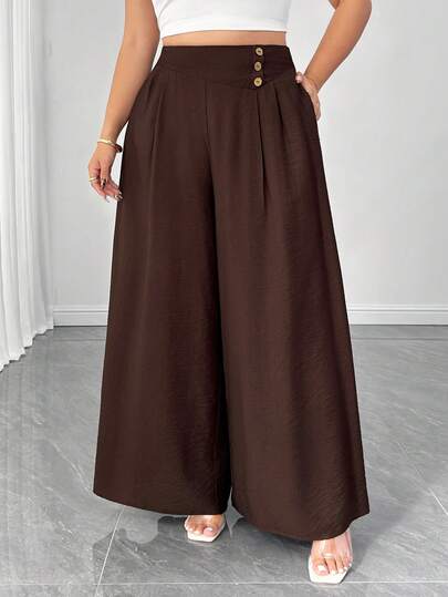 Elenzga Plus Size Women's Casual Comfortable High Waist Button Decor Pleated Wide Leg Loose Pants