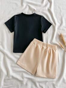 Baby Boys' Summer Black Casual Short Sleeve T-Shirt And Khaki Shorts Set, Loose Comfortable Fit, Suitable For Daily Outings, School Activities, Family Gatherings, Outdoor Play, And Photo Shoots - Multicolor - View 2