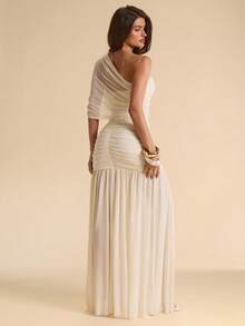 SHEIN BAE Đầm ôm sát thanh lịch màu mơ, kiểu dáng lệch vai, mềm mại, thích hợp cho kỳ nghỉ, đi biển, làm phù dâu, dự đám cưới, mùa xuân/hè. - Màu be - Xem 6