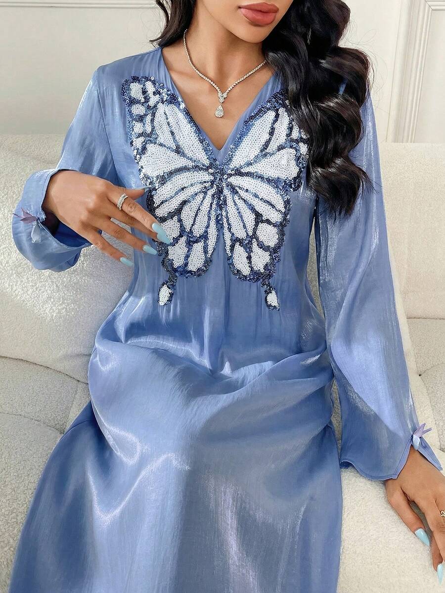 Yasmyna Áo khoác cardigan dài tay họa tiết bướm đính sequin thanh lịch dành cho nữ, thích hợp cho mùa thu. - Màu xanh lam - Xem 1