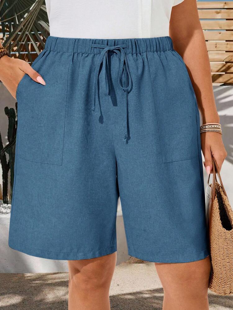 Plus Size Women's Summer Solid Color Bermuda Shorts, Solid Color Side Pockets, Loose Knee-Length Mid-Waist Fashion Basic