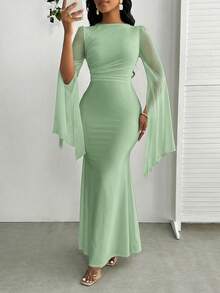 SHEIN Lady Vestido elegante de mujer de unicolor con malla, mangas largas, silueta ajustada y bajo de cola de pez - verde menta - Ver 7
