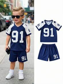 Playful Pals 2pcs/Set Toddler Boys' Summer Casual Retro Loose Sports V-Neck 91 Number Letter Print Color Block Short Sleeve Top & Elastic Waist Shorts Set,Soft - Royal Blue - View 4