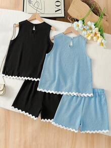 SHEIN Tween Girl Wavy Ribbon Patchwork Round Neck Tank Top And Shorts Casual Set - Multicolor - View 7