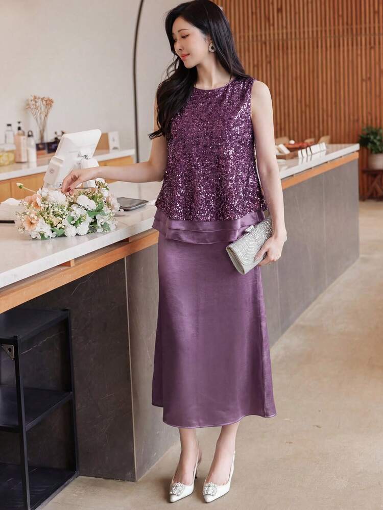 Women's Casual Elegant Sleeveless Top And Long Skirt 2 Pieces Set, Spring/Summer