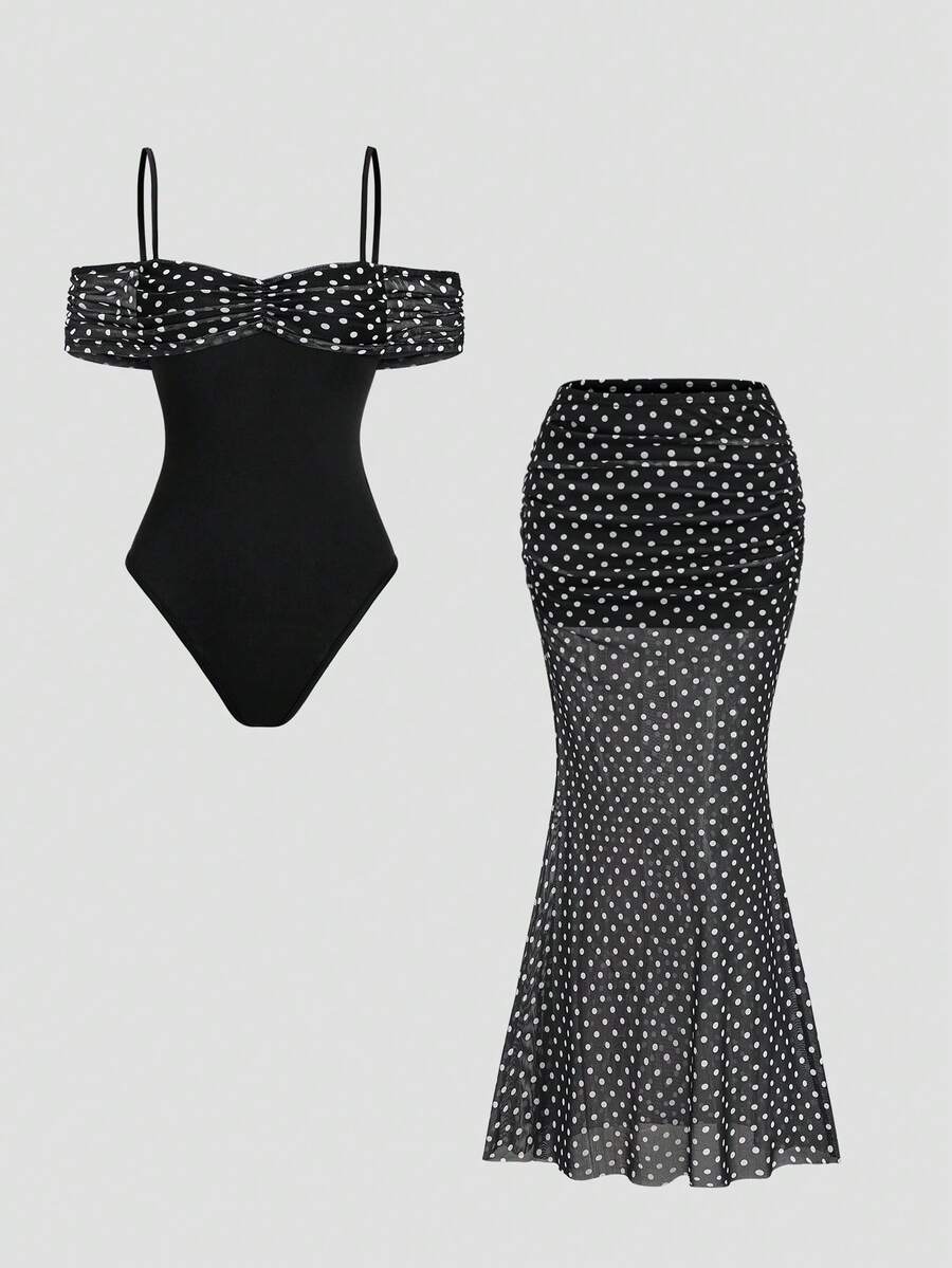 Sweetra Bộ đồ gồm áo liền thân trễ vai chấm bi phong cách retro Mỹ và chân váy lưới xếp ly dáng đuôi cá, trang phục dự tiệc mùa hè trên bãi biển dành cho nữ, set 2 món. - màu đen - Xem 1