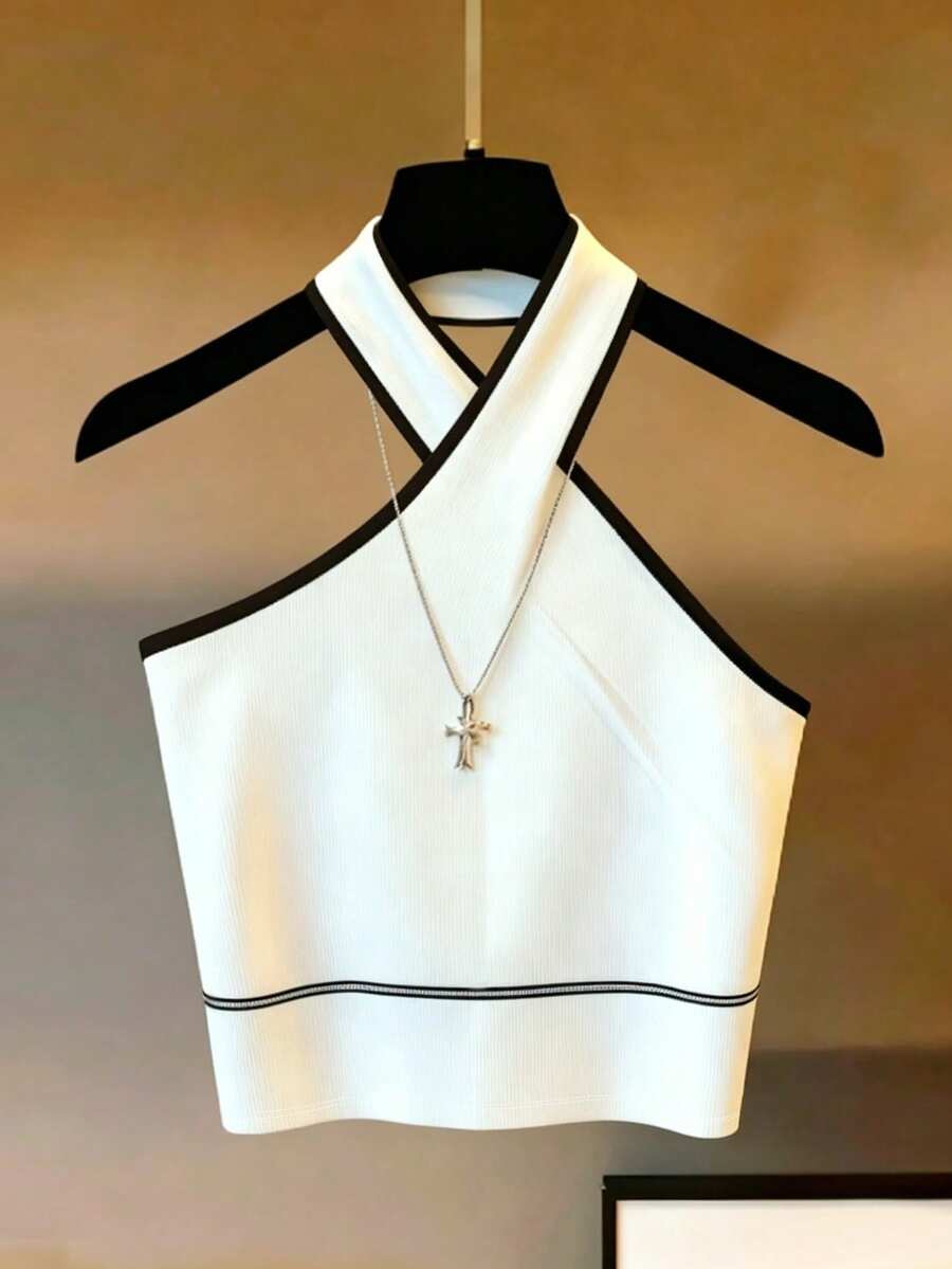 Franclia Women White Halter-Neck Top With Black Trim. Beachwear, Suitable For Autumn Winter Wear, Office Casual Wear, Versatile,Christmas,New Year, Versatile And Stylish Everyday Casual Wear, Urban Teacher's Professional Attire - Black and White - View 1