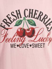 ELLERISSA Plus Size Pink Cherry Graphic Crew Neck T-Shirt - Pink - View 6