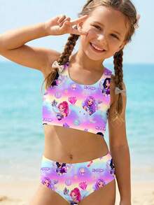 SHEIN Bộ đồ bơi hai dây và bikini tam giác tối giản, kiểu dáng thường ngày dành cho bé gái, họa tiết hoạt hình, thích hợp cho mùa hè. - Nhiều màu - Xem 1