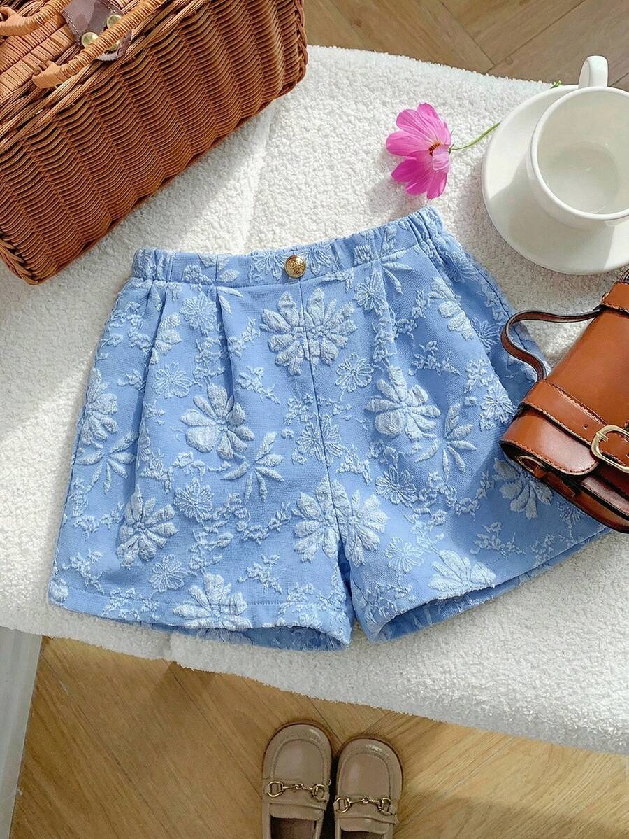 SHEIN 女童撞色编织休闲短裤 - 藍色 - 查看 1