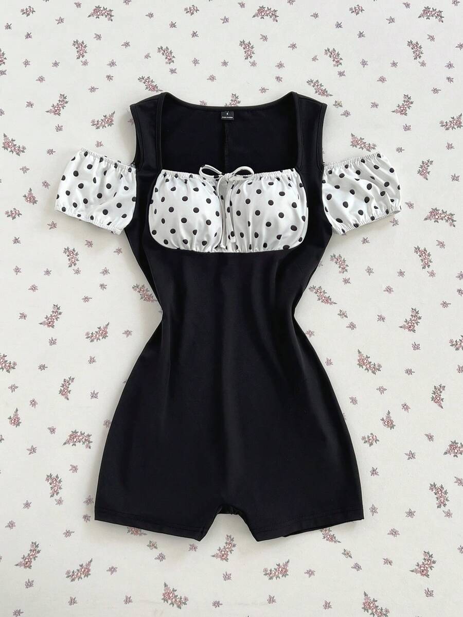 Elamini Bộ jumpsuit nữ mùa hè giản dị, tối giản, họa tiết chấm bi, tay phồng, buộc dây phía trước. - màu đen - Xem 1