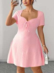 Elenzga Plus Size Fitted Stylish Yellow Jacquard Dress - Pink - View 4