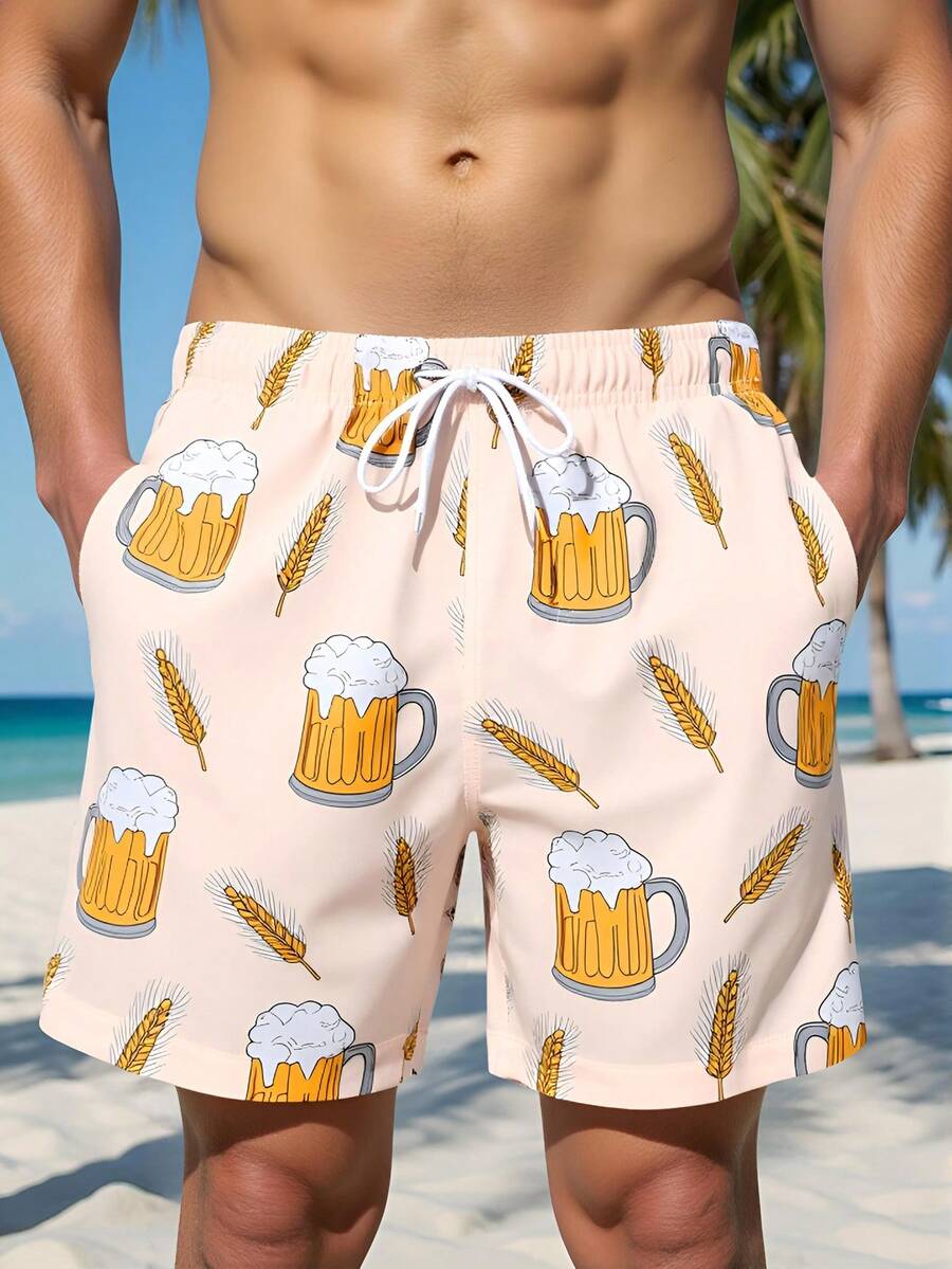 Genlund Men's Beer Print Drawstring Waist Beach Shorts, Holiday - Beige - View 1