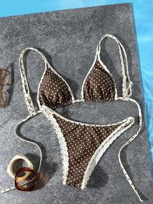 Swim Vcay 2026 Spring/Summer Adjustable Strap Bikini Set, Yellow Base With Brown Dots + Brown Base With Yellow Dots, Criss-Cross Back, High Cut Sides, Sweet Style For Women Bikinis Set For Women Brown Bikini 2 Piece Set Swimsuit Polka Dot Bikini - Multicolor - View 2