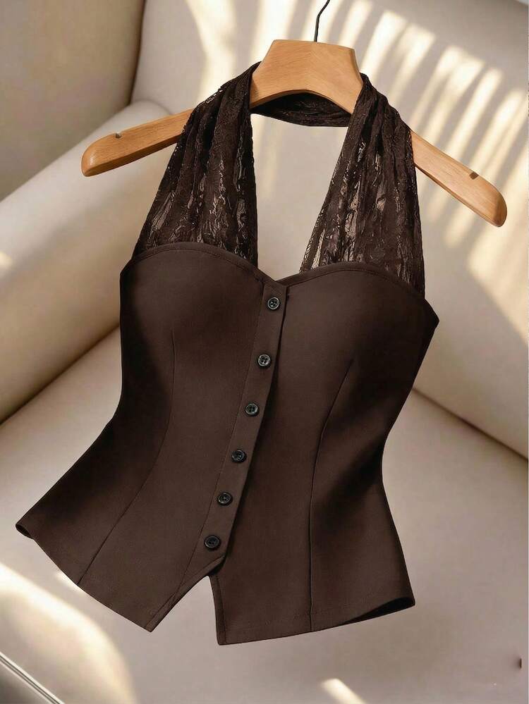 EMERY ROSE Áo top nữ cổ yếm ren dệt kim, cài nút trước, xẻ tà, chiết eo, phong cách thanh lịch cho mùa hè đi biển - màu nâu - Xem 3
