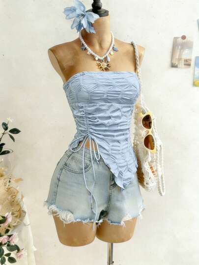 Roelina Áo ống nữ thanh lịch, chất liệu dệt kim co giãn, có dây rút và vạt áo bất đối xứng, thích hợp cho kỳ nghỉ xuân/hè.