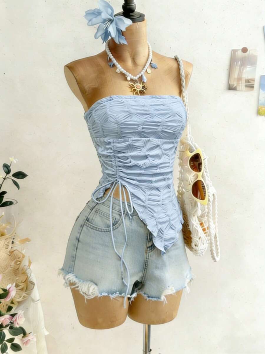 Roelina Áo ống nữ thanh lịch, chất liệu dệt kim co giãn, có dây rút và vạt áo bất đối xứng, thích hợp cho kỳ nghỉ xuân/hè. - Màu xanh lam - Xem 1