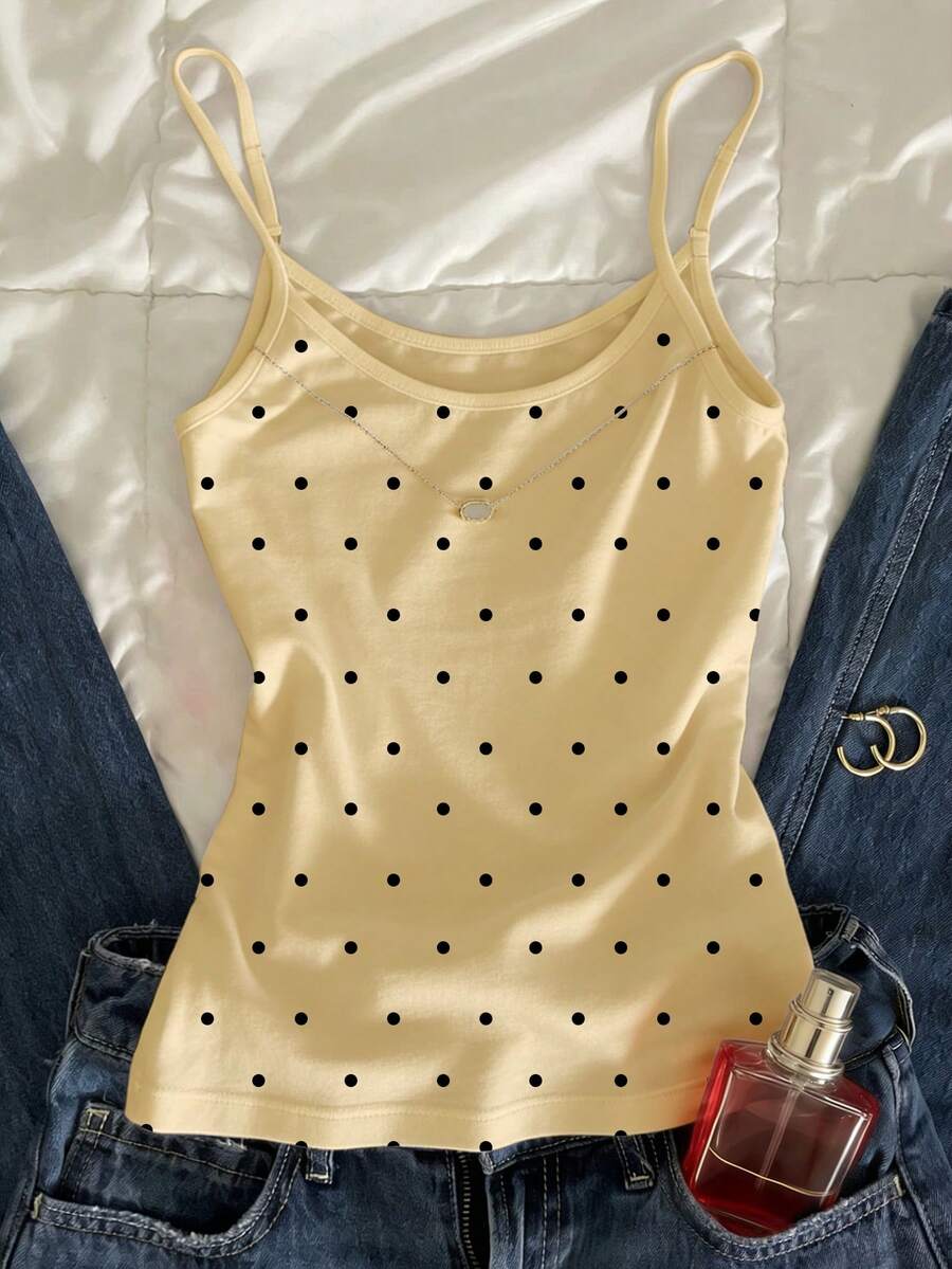 SHEIN 夏季波点印花修身休闲无袖背心 - 黃色 - 查看 1