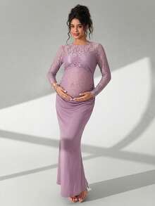 Cheriluna Maternity Solid Color Lace Long Sleeve Long Ruffle Mermaid Maternity Photography Dress - Purple - View 5