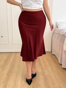SHEIN EZwear 黑色高腰纯色缎面半身裙，适合派对和约会穿着，春夏款 - 酒紅色 - 查看 5