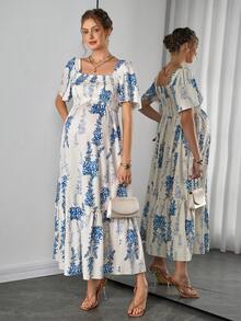 Momance Đầm cho con bú tay ngắn xếp nếp, cổ vuông, thiết kế nâng cao tiện lợi cho việc cho con bú, dáng chữ A, đầm dài in kỹ thuật số. - Xanh và trắng - Xem 1