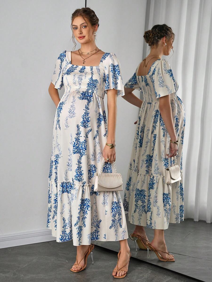 Momance Đầm cho con bú tay ngắn xếp nếp, cổ vuông, thiết kế nâng cao tiện lợi cho việc cho con bú, dáng chữ A, đầm dài in kỹ thuật số. - Xanh và trắng - Xem 1