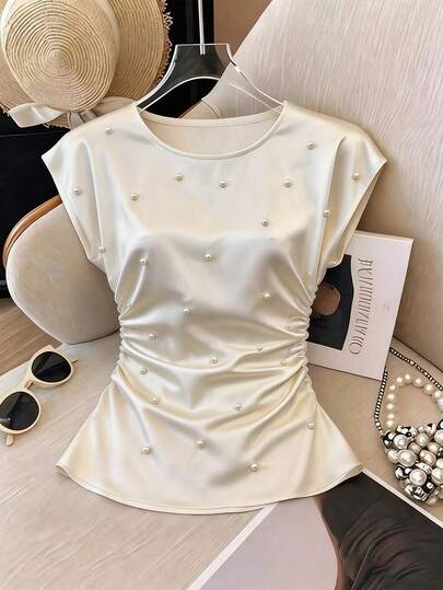 SHEIN Franclia חולצה עם שרוולים קצרים וקשירה רכה לנשים בצבע אחיד סאטן אלגנטי