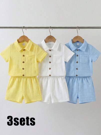 SHEIN Vintaside Kids 6件套男婴休闲简约舒适面料翻领衬衫短裤套装，多色可选，适合夏季穿着