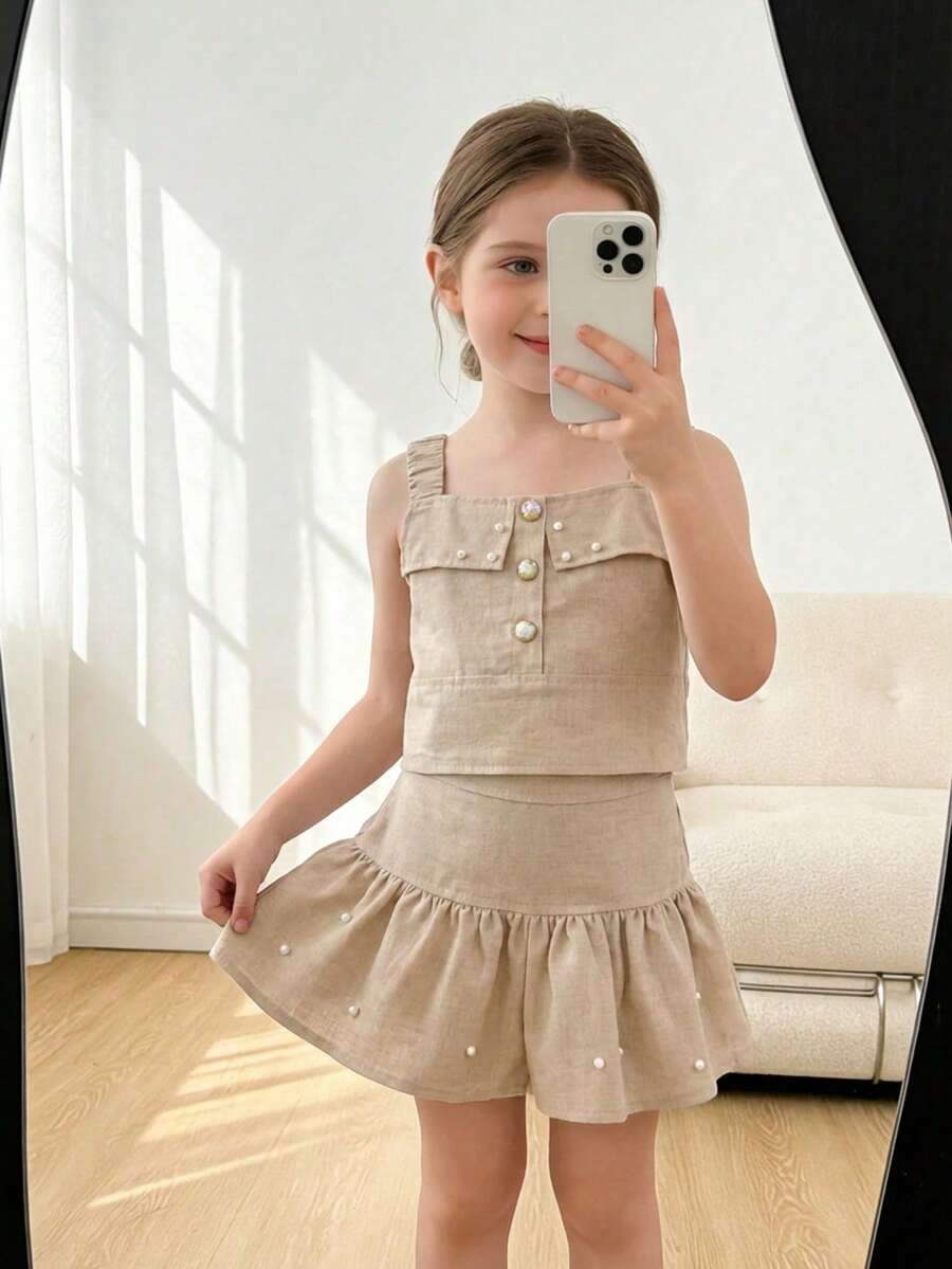 Conjunto Niña Perlas con Olan Estilo Elegante - Beis - Ver 1