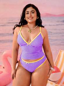 Swim Mod 2026新款加大码女式两件套随机几何印花时尚度假休闲简约显瘦端庄蝴蝶结可调节加粗肩带高腰高开衩三角比基尼泳衣 - 淡紫色 - 查看 6