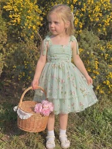 少女/青少年可爱优雅粉色吊带蝴蝶结褶皱腰A字层叠碎花网纱连衣裙，适合外出、派对、春夏、度假和节日穿着，樱桃连衣裙，女童茶会连衣裙，少女连衣裙，复古女童连衣裙 - 綠色 - 查看 4