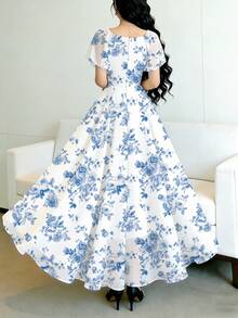 Modelyn 钴蓝色碎花褶皱方领泡泡袖连衣裙，收腰优雅长款碎花连衣裙，适合夏季度假和日常穿着 - 彩色 - 查看 2