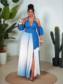 Maweii Plus Size Women's 2-Piece Set, Faux Denim Ombre Print Cold Shoulder Top And Midi Skirt, Casual Vacation Outfit - Multicolor - View 4