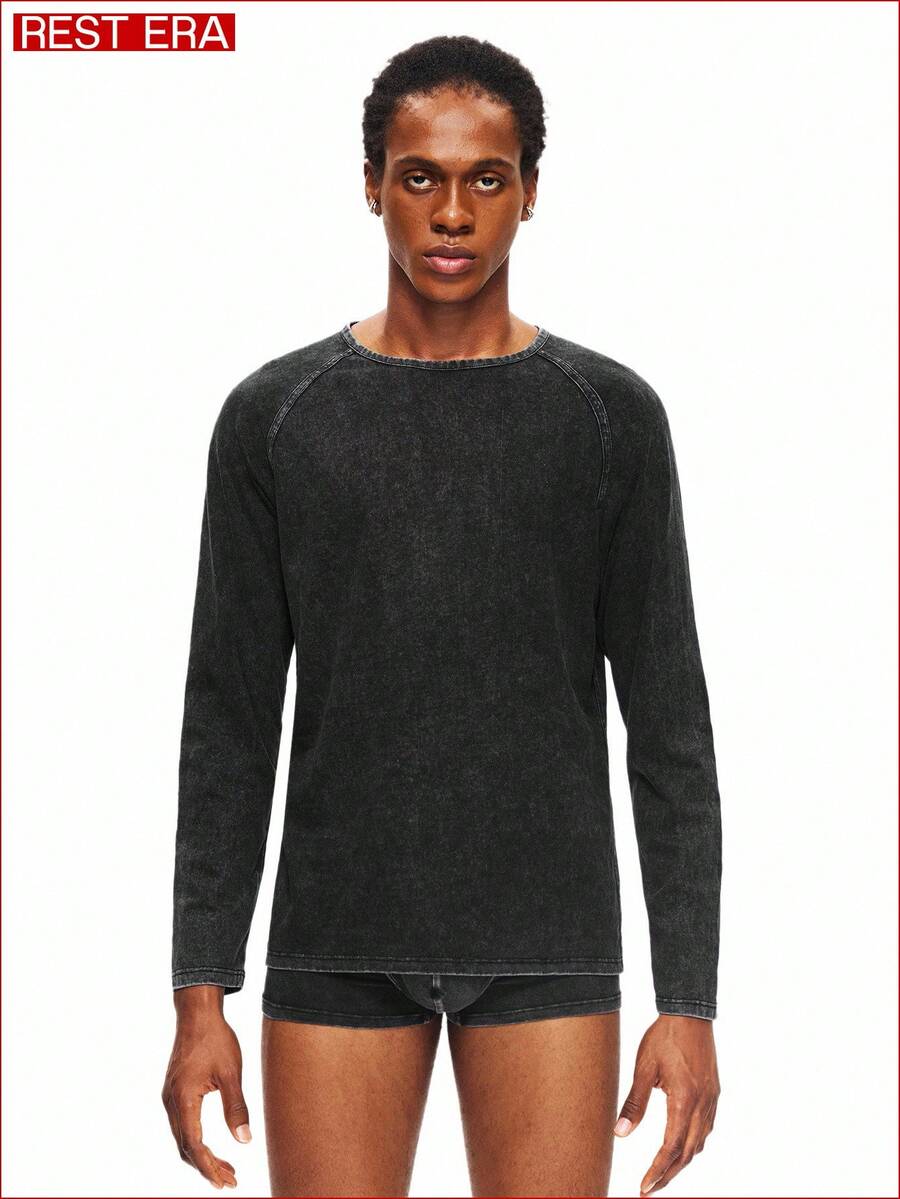 1pc Men's Black Long Sleeve Snowflake Pattern Fashionable Casual Base Layer Top - Black - View 1