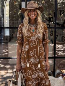 LanaWest 女士波西米亚风印花中袖连衣裙，女士波西米亚流苏荷叶边短袖系领宽松长款印花衬衫，佩斯利格纹女士长裙，春秋季休闲长裙 - 棕色 - 查看 6
