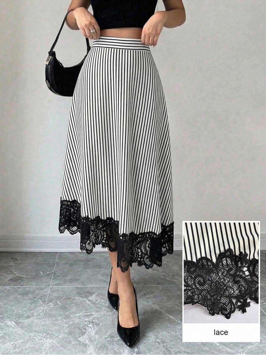 Modelyn Black & White Striped Ruffle Hem Asymmetric Hem Versatile Draping Women's Elegant Skirt - Black and White - View 1