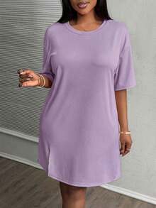 Slaydiva Vestido de manga corta con abertura lateral, hombros caídos y color rosa para vacaciones de principios de primavera en tallas grandes - Púrpura malva - Ver 6