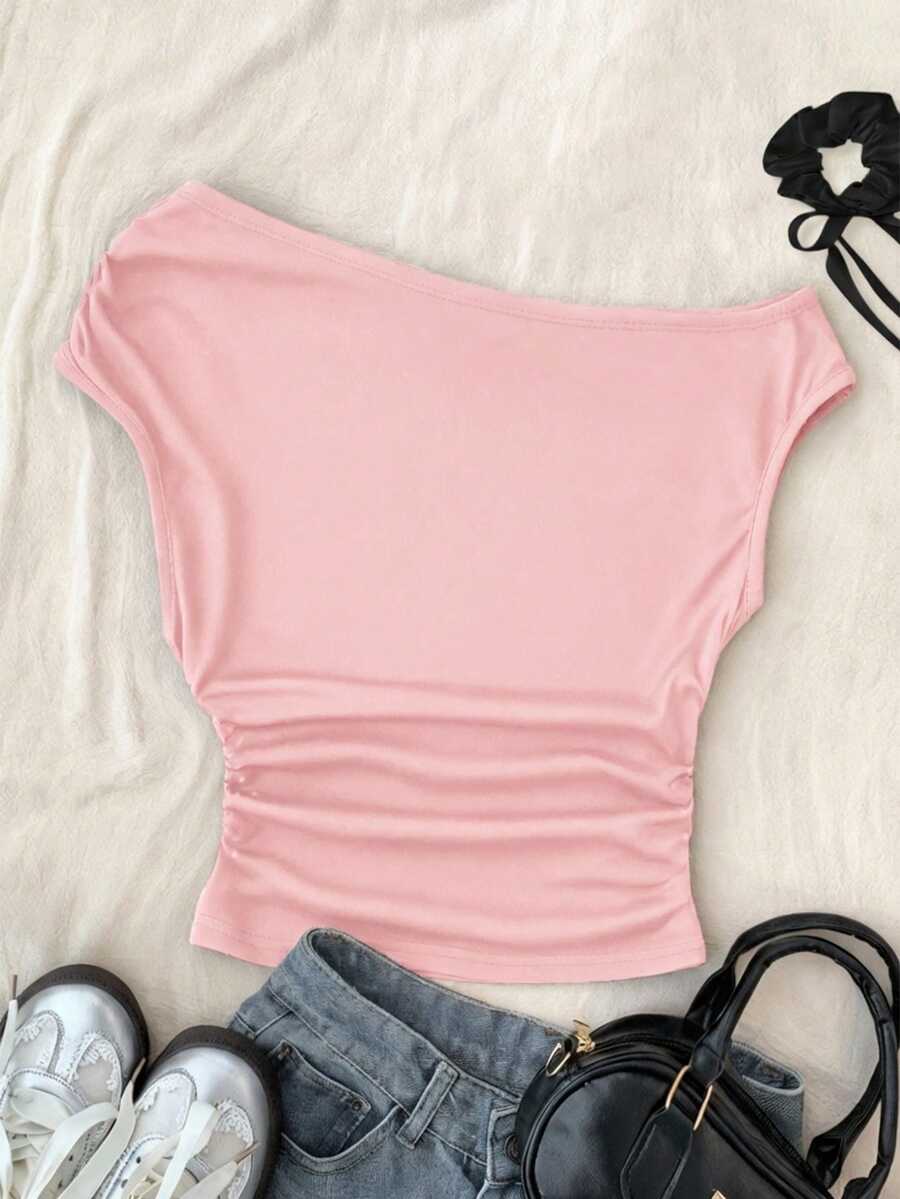 SHEIN 少女/青少年纯色粉色针织休闲简约修身不对称褶皱短款背心,适合春夏穿着,休闲百搭,个性风格,日常穿着 - 粉色 - 查看 1