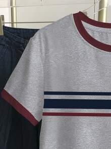 Resyla 女士休闲撞色圆领短袖T恤，舒适百搭，夏季必备 - 灰色 - 查看 4