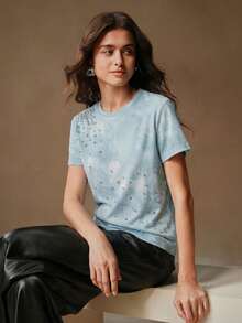 Anewsta Women's Casual Distressed Rhinestone Embellished Pullover T-Shirt - Blue - View 4