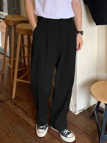 Manfinity Homme 男士加大码纯色阔腿裤，带扣腰带和口袋，日系风格，宽松黑色阔腿裤，特大码，宽松版型，设计师款裤子 - 黑色 - 查看 4