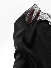 Travachic Camiseta de mujer de unicolor con encaje de contraste - Negro - Ver 8