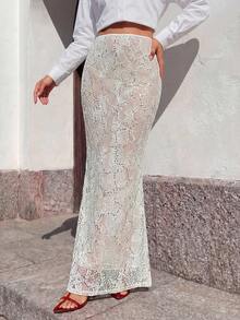 SHEIN ICON Fustă maxi creion cu împodobire, cu mărgele, cristale, suprapunere în plasă cu stras, pentru ocazii formale, seară, petrecere de iarnă, sărbători - alb - Vizualizare 5
