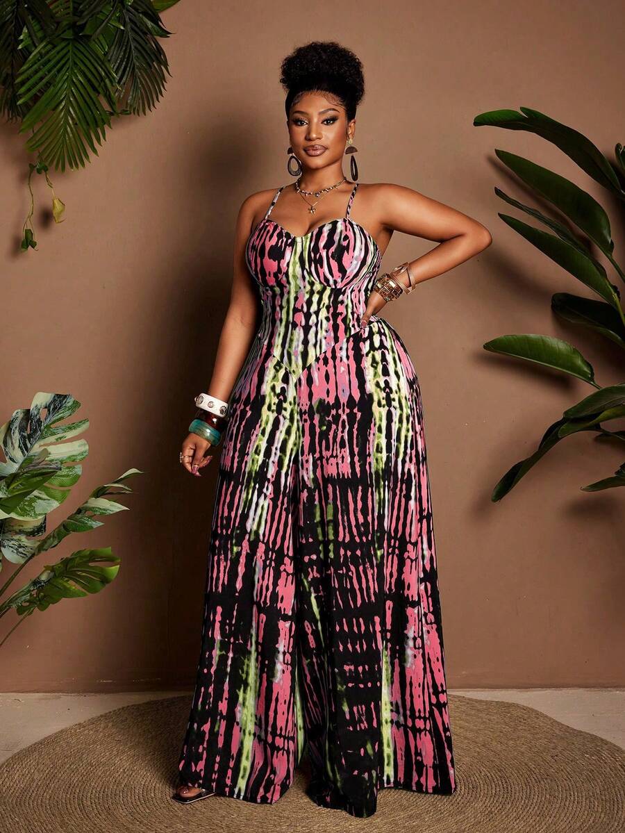 Maweii Bộ jumpsuit hai dây gợi cảm dành cho nữ cỡ lớn, chất liệu dệt in họa tiết. - Hồng - Xem 1