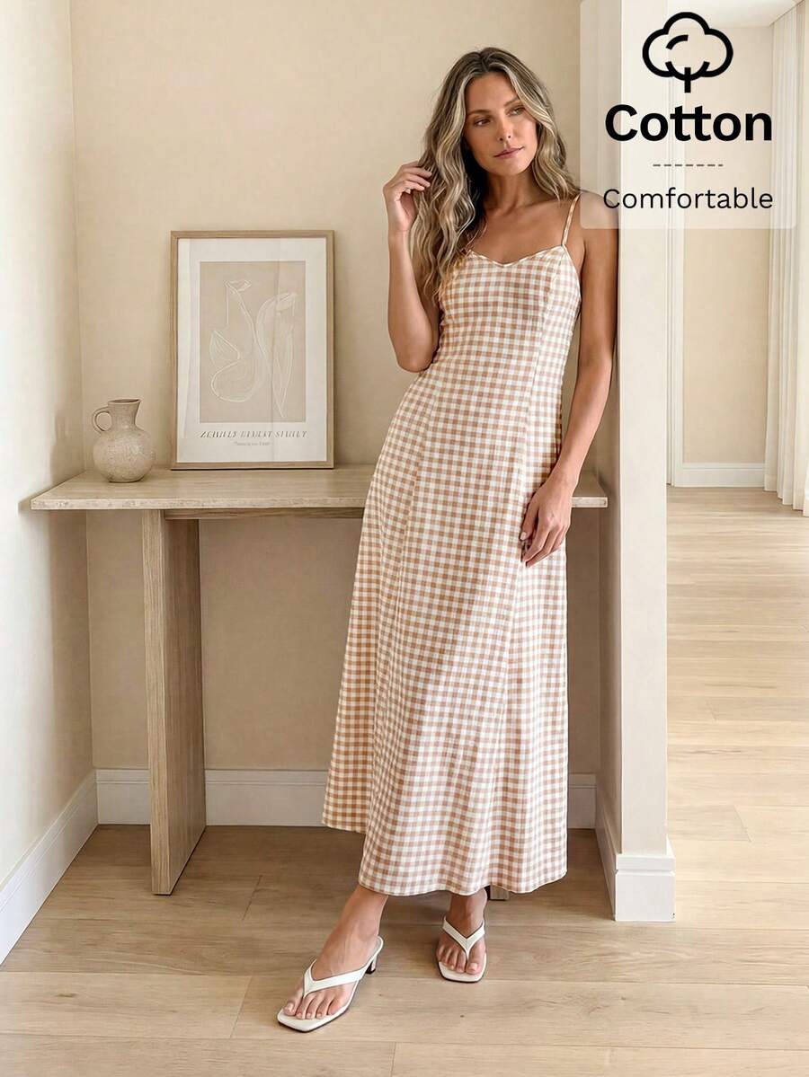 Easowa Vestido maxi de mujer de estilo minimalista casual a cuadros, adecuado para citas y fiestas. Vestidos de verano para mujer, vestido de picnic, vestidos casuales largos para mujer, atuendos de vacaciones, vestido de crucero para mujer, vestido maxi a cuadros largo sin mangas de mujer con cuello cuadrado y tirantes de espagueti con silueta de línea A para playa, vacaciones, verano, vestido de algodón, vestido de verano, vestido de playa, vestidos de vacaciones, atuendo de concierto de campo - Multicolor - Ver 1