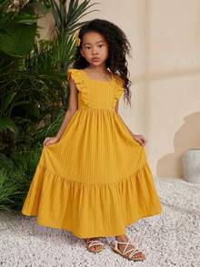 SHEIN Young Girl Sleeveless Dress With Square Neckline, Solid Color - Yellow - View 2